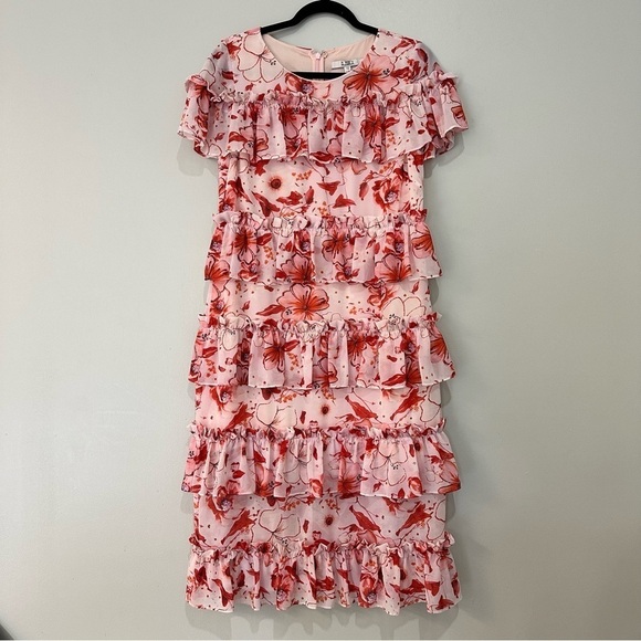 Badgley Mischka Dresses & Skirts - Badgley Mischka Tiered Ruffle Floral Dress Pink Mini Size 10 RTR Designer